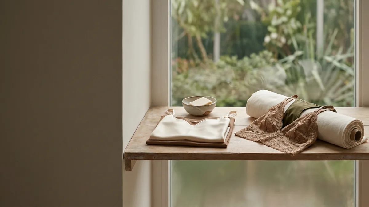 Tiroir organisé contenant des ensembles de lingerie durable et minimaliste de haute qualité.