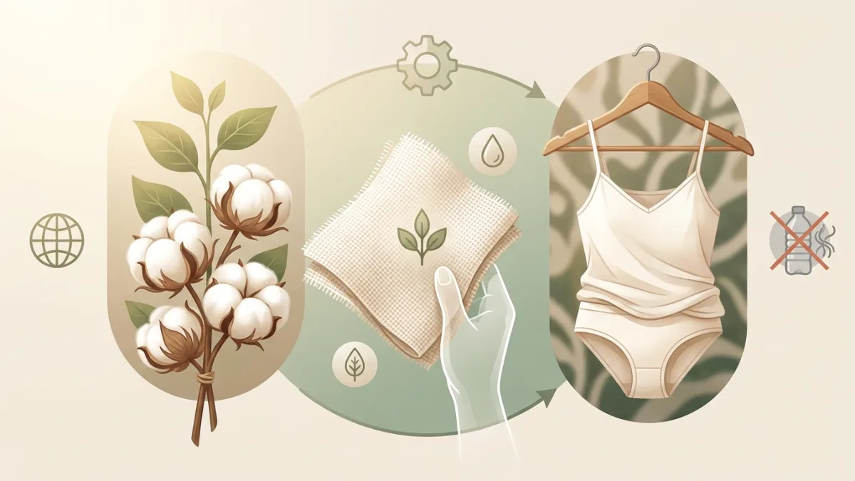 Ensemble de lingerie en coton biologique entouré de nature illustrant une mode éthique et durable.