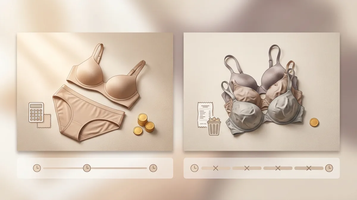 Comparaison visuelle entre un soutien-gorge durable et un modèle éphémère pour illustrer le coût par port.