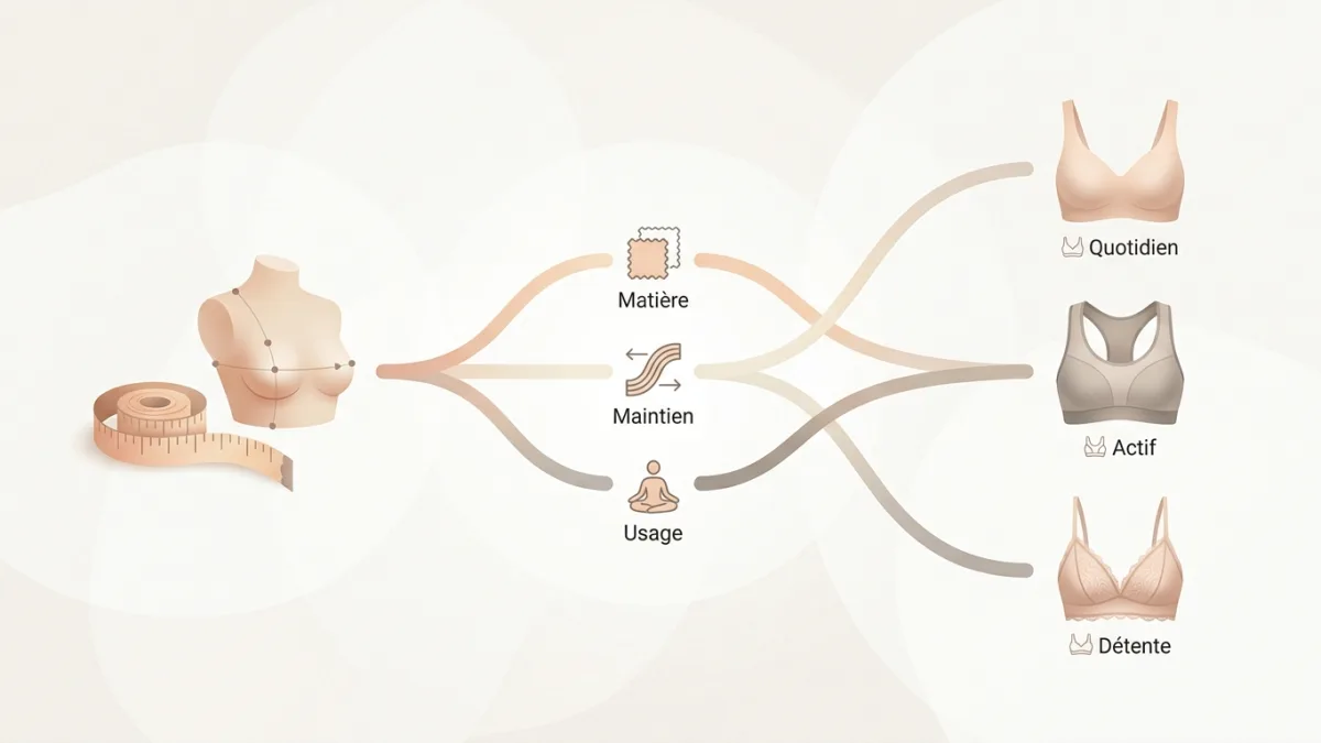 Une femme prend ses mensurations pour choisir le soutien-gorge sans armature parfaitement adapté à sa morphologie.