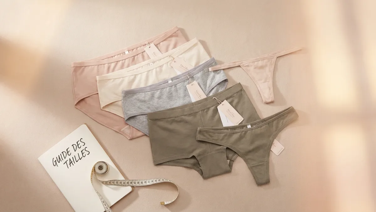 Une femme mesure son tour de bassin avec un mètre ruban pour bien choisir sa taille de culotte selon la marque.