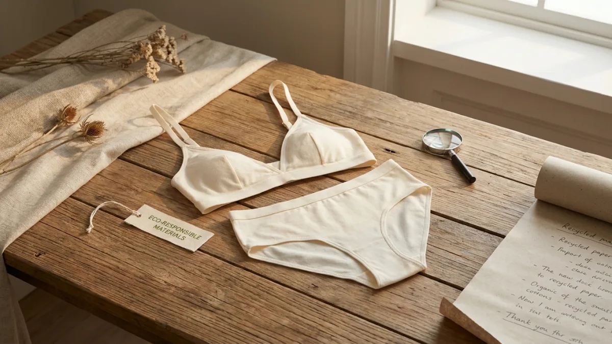 Gros plan sur l'étiquette de composition d'un ensemble de lingerie éthique et durable.