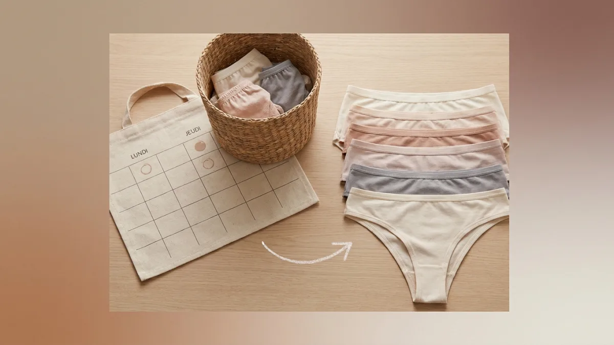 Une sélection de sept culottes basiques pliées illustre parfaitement une garde-robe lingerie minimaliste.