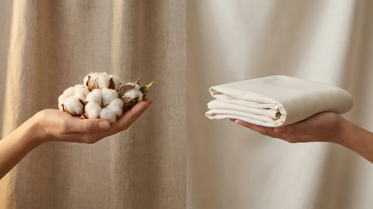 Fleur de coton pur et naturel posée délicatement sur un tissu doux pour illustrer les bienfaits du textile biologique.