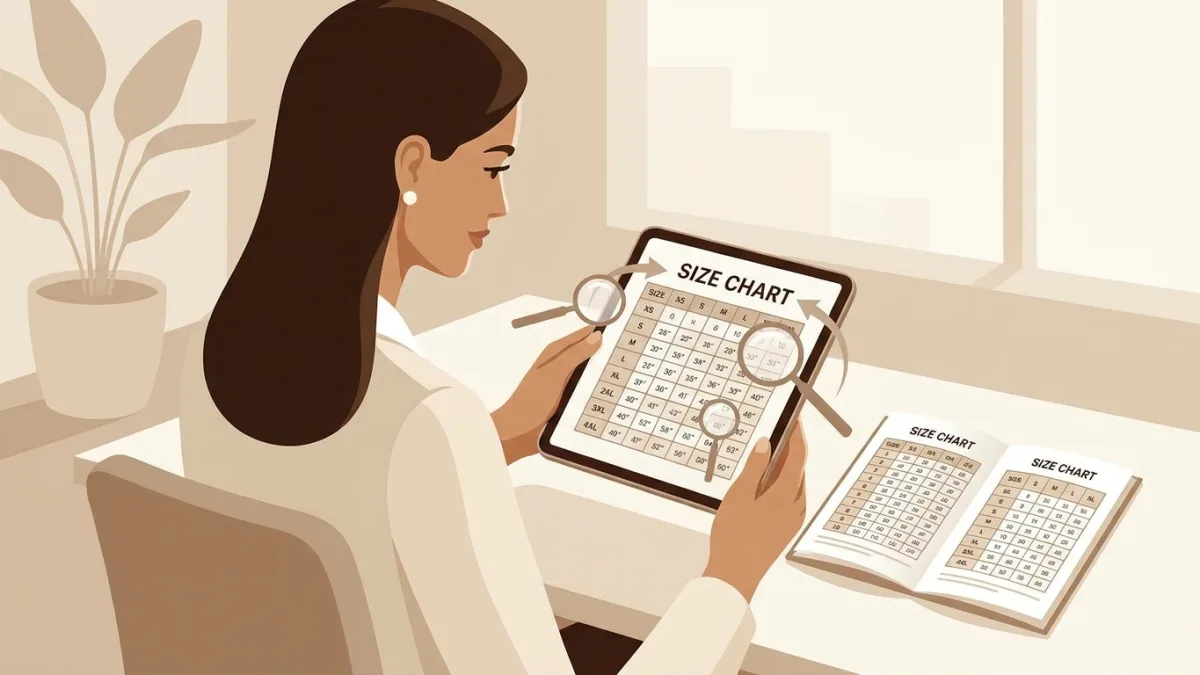 Femme consultant un tableau de mensurations pour comprendre le guide des tailles d'une marque.