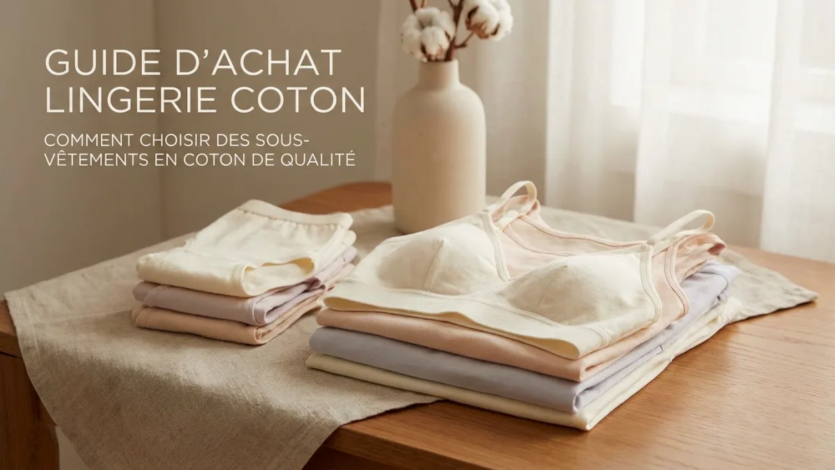 Ensemble de lingerie en coton blanc posé sur un lit douillet pour illustrer le confort au quotidien.