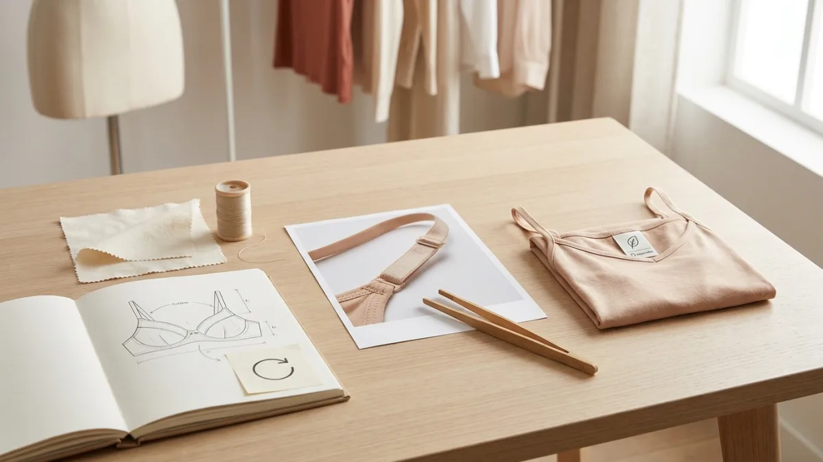 Croquis technique d'un ensemble de lingerie illustrant les principes d'éco-conception et de durabilité.