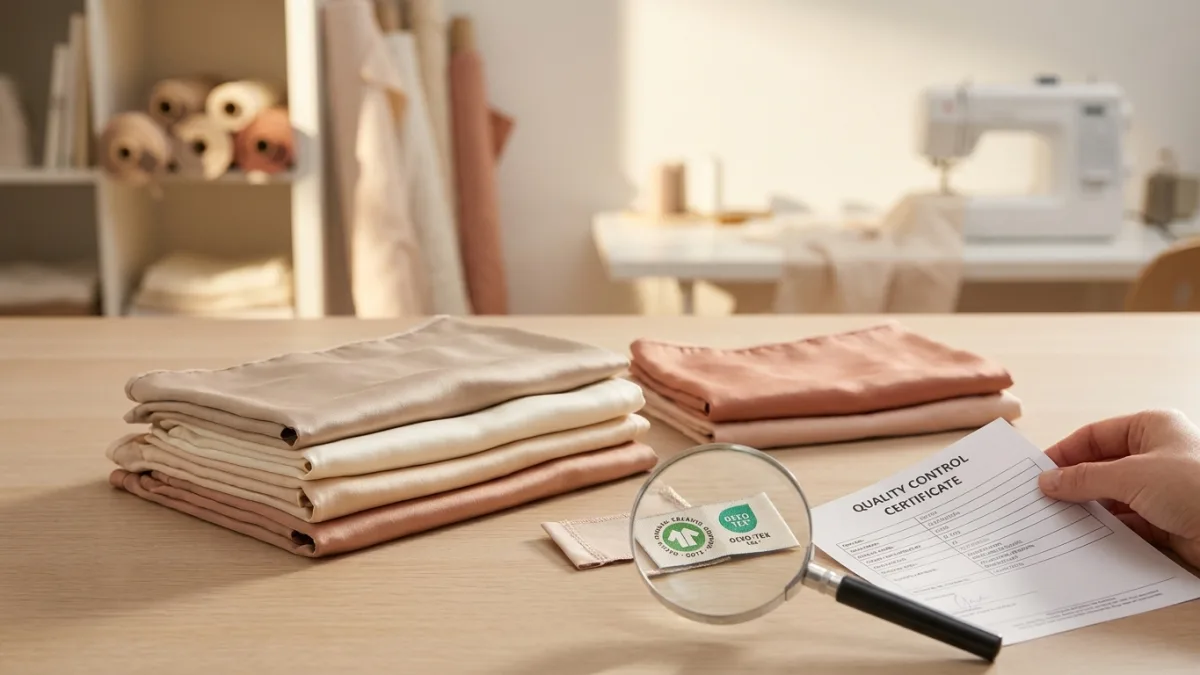 Étiquettes de certifications écologiques GOTS et Oeko-Tex attachées à un ensemble de lingerie fine en dentelle.