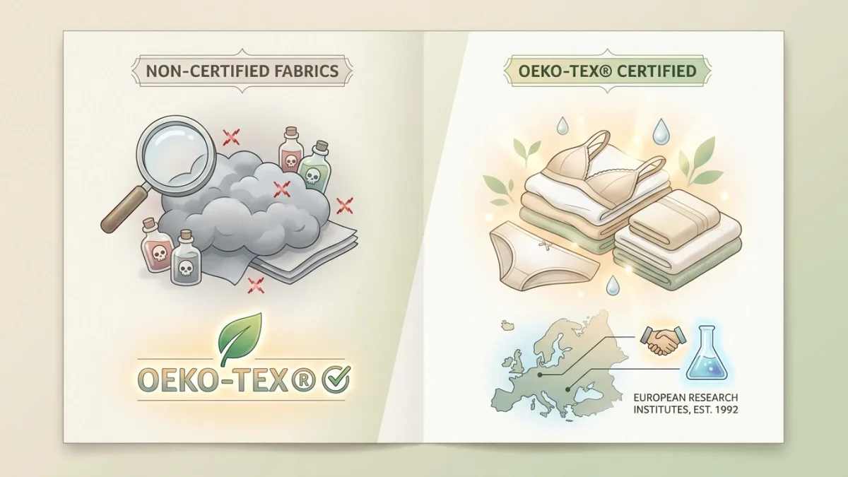 Une étiquette certifiée OEKO-TEX est cousue sur une pièce de lingerie pour garantir l'absence de substances nocives.