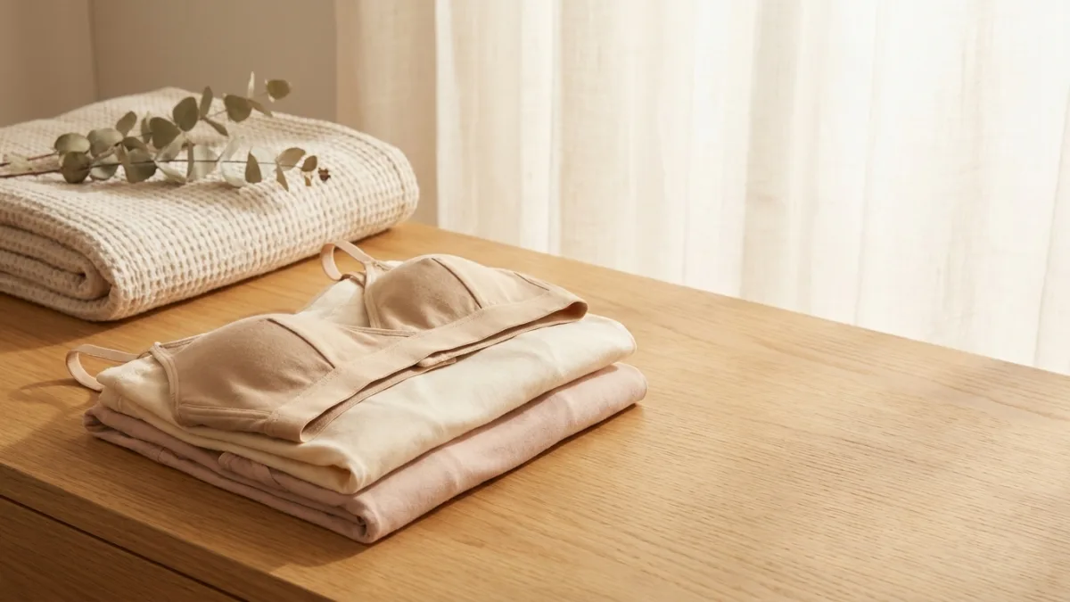 Ensemble de lingerie en coton doux sur une peau naturelle, soulignant le confort et la respirabilité de la matière.