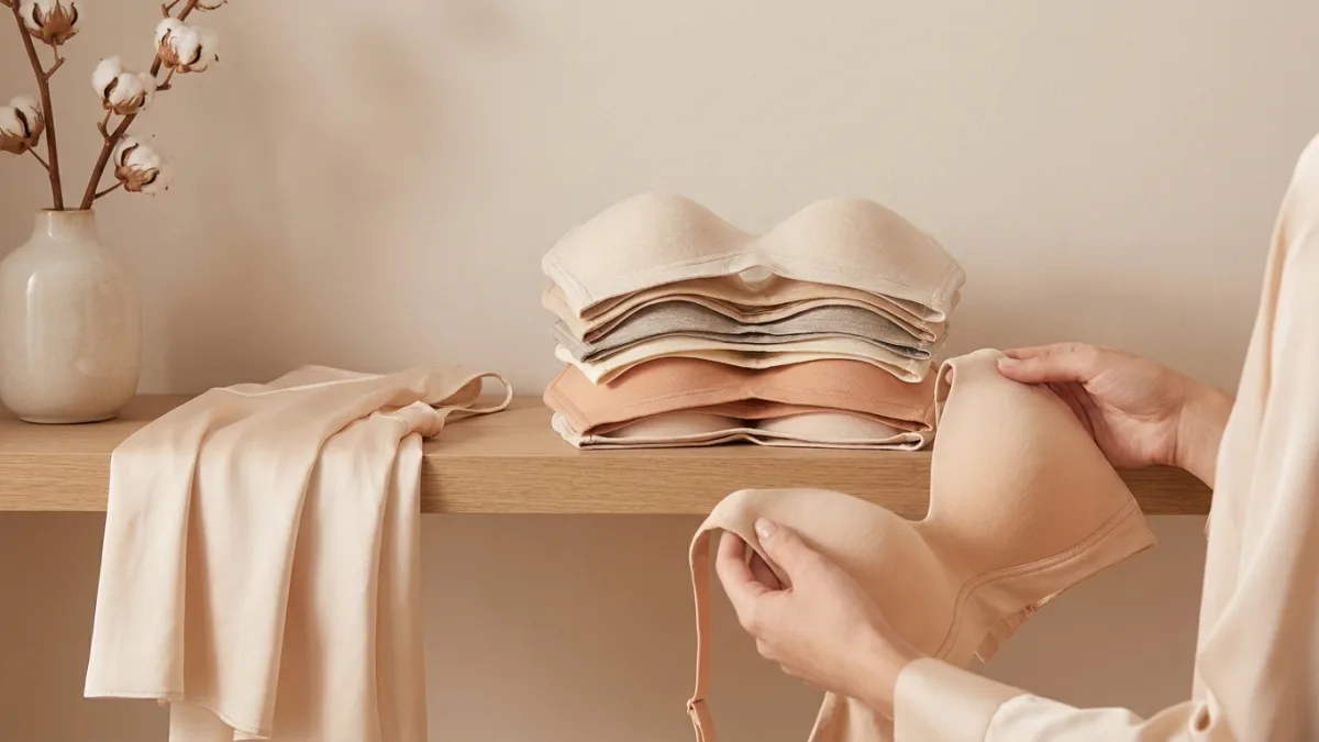 Femme souriante portant un soutien-gorge sans armature confortable et élégant au quotidien.