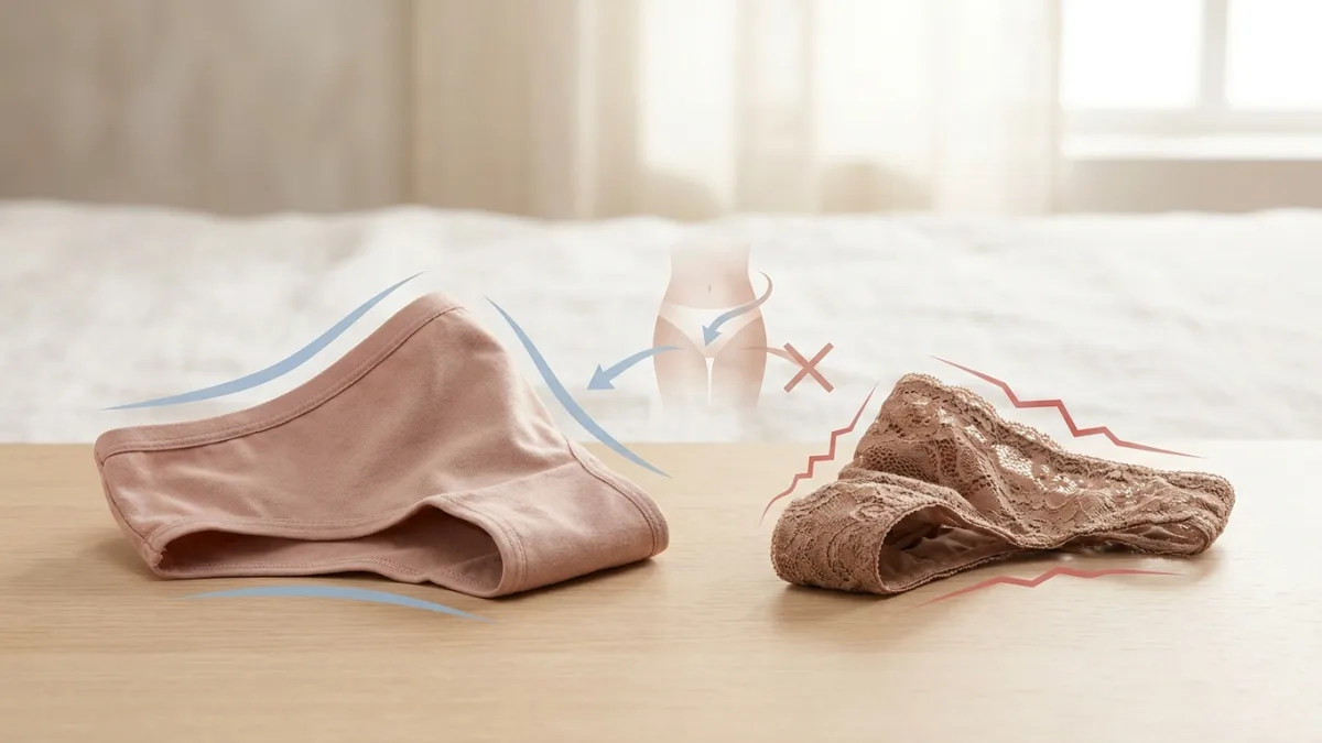 Femme portant une culotte bien ajustée en coton pour éviter les frottements et préserver sa santé intime.