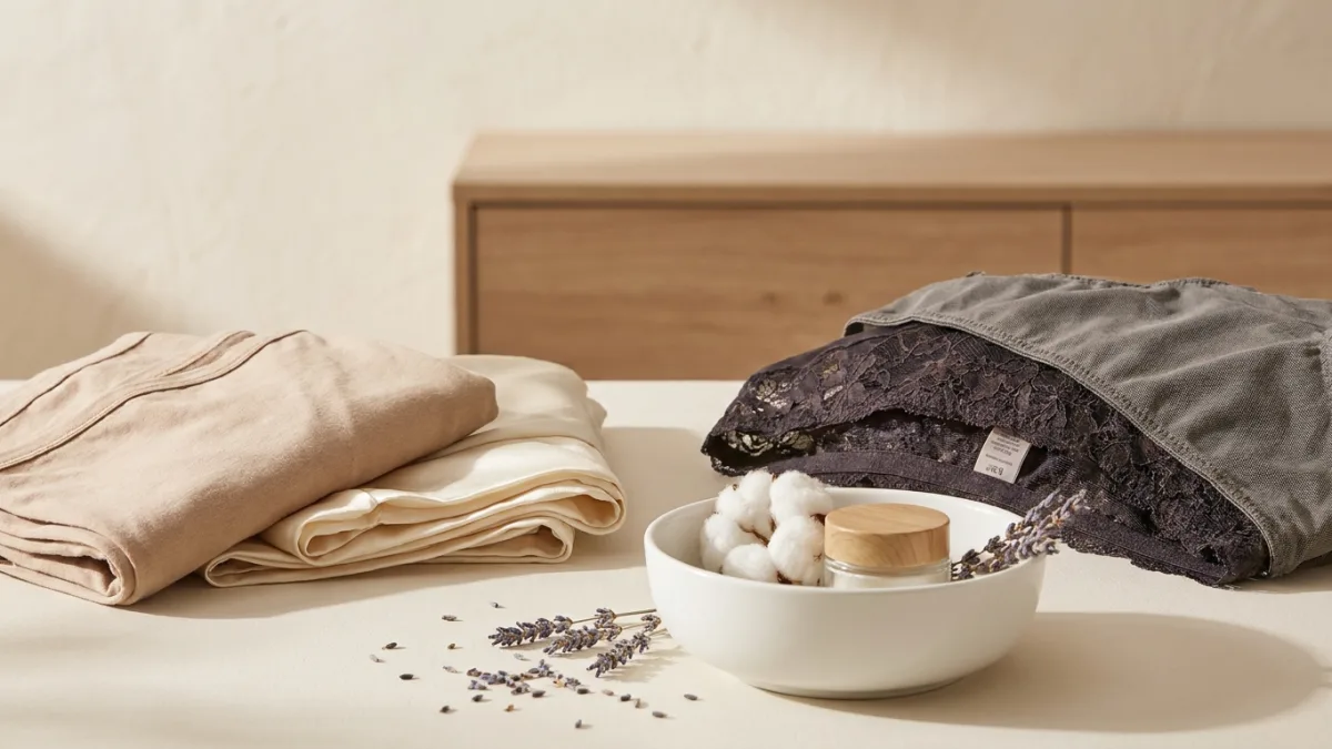 Assortiment de sous-vêtements féminins en matières synthétiques sources d'inconfort.