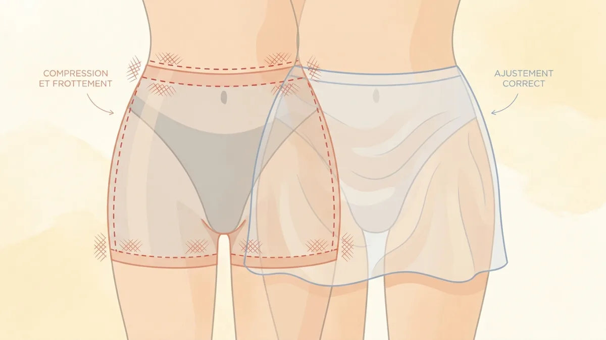 Culotte mal ajustée créant des marques de compression et des frottements sur la peau d'une femme.