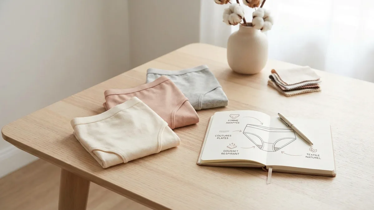 Femme vérifiant la qualité du gousset et les coutures d'une culotte en coton pour préserver sa santé intime.